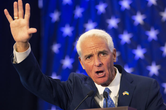 Charlie Crist speaks to a crowd in St. Petersburg, Fla. after winning the Democratic nomination for governor in Florida on Tuesday, Aug. 23, 2022. Crist, a member of congress, will face Republican Gov. Ron DeSantis in November.