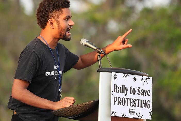 Maxwell Frost speaks during a March For Our Lives Florida drive-in rally and aid event at Tinker Field in Orlando on March 26, 2021.