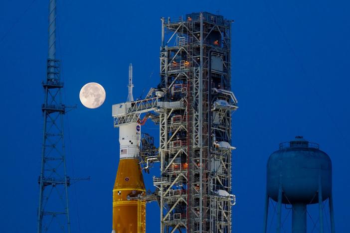 NASA's Artemis I moon rocket sits at Launch Pad Complex 39B at Kennedy Space Center in Cape Canaveral, Fla., in June.