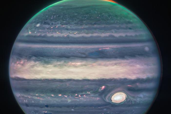 A new image of Jupiter taken from NASA's Webb Telescope and released on Monday is shown.