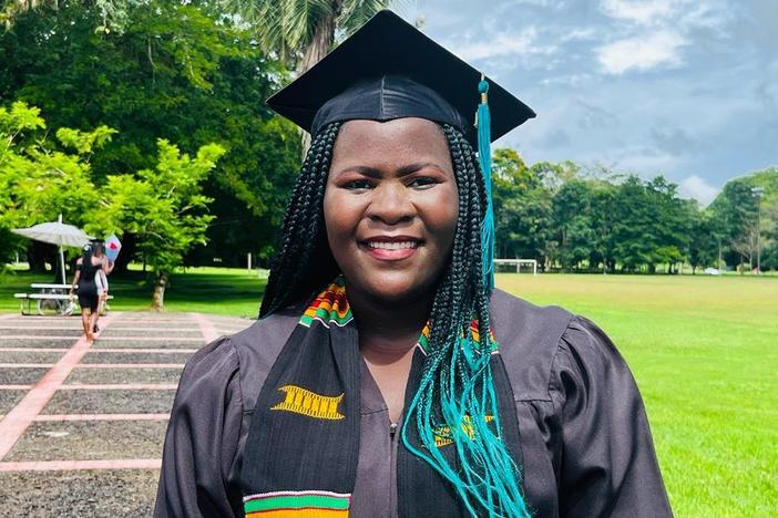 Tawonga Zakeyu of Malawi graduated from Earth University in Costa Rica in December 2021 and now teaches women farmers how to cope with the challenges posed by a changing climate. One strategy: Drip irrigation using recycled plastic bottles is a big help during a drought.
