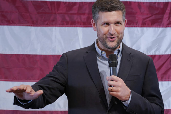 Democrat Pat Ryan speaks during a campaign rally Monday in Kingston, N.Y., before defeating Republican Marc Molinaro in Tuesday's special election for New York's 19th Congressional District. Ryan had stressed abortion rights on the trail.