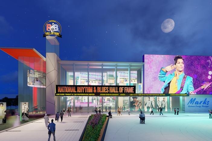 This image provided by A2H Engineers, Architects, Planners on Aug. 18, 2022, shows digital rendering of the National Rhythm and Blues Hall of Fame in Marks, Miss.