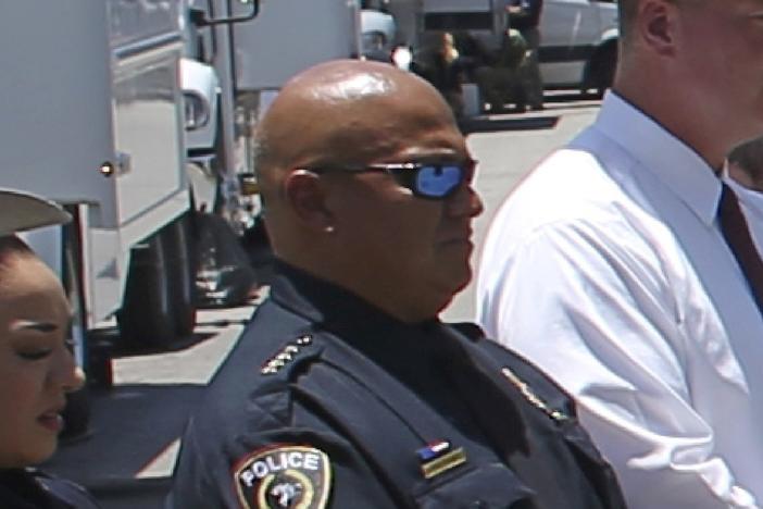 Uvalde School Police Chief Pete Arredondo stands during a news conference outside of the Robb Elementary school on May 26 in Uvalde, Texas.