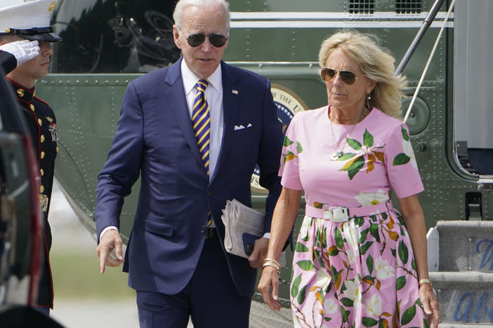 President Joe Biden and first lady Jill Biden exit Marine One at Charleston Executive Airport, S.C., on Aug. 10.