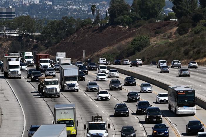 Traffic on the 405 freeway in Los Angeles on Aug. 25. California ruled Thursday that all new cars sold in the state must be zero-emission vehicles by 2035.