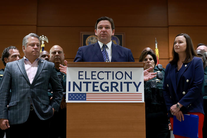 Florida Gov. Ron DeSantis speaks during an Aug. 18 press conference in Fort Lauderdale, where he announced that the state's new Office of Election Crimes and Security was in the process of arresting 20 individuals for voter fraud.