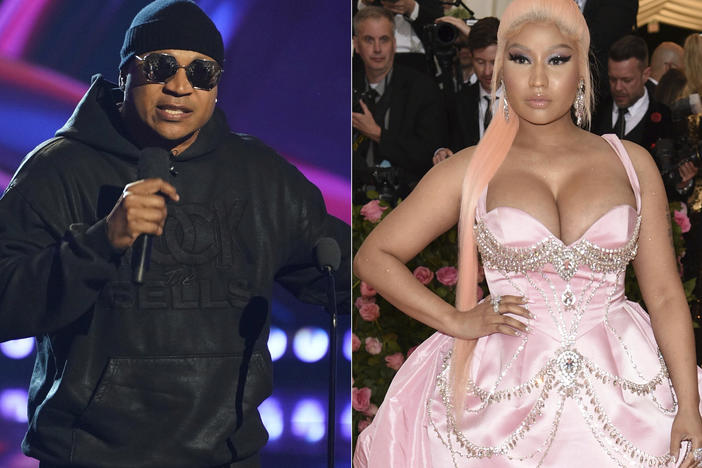 LL Cool J hosting the iHeartRadio Music Awards in Los Angeles on March 22, 2022, left, and Nicki Minaj at The Metropolitan Museum of Art's Costume Institute benefit gala in New York on May 6, 2019 at the MTV Video Music Awards in New York on Sept. 12, 2021.