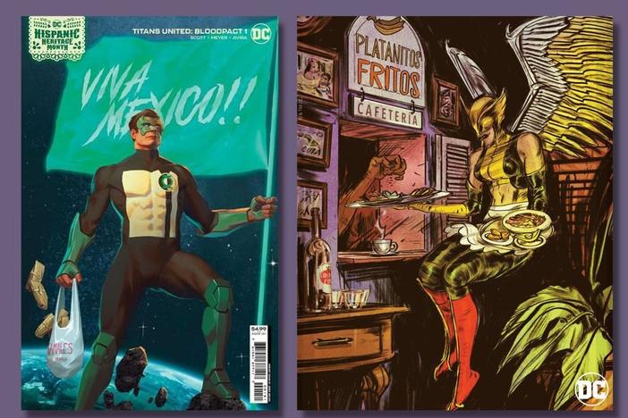 DC Comics covers featuring Green Lantern holding tamales, Hawkwoman holding platanos fritos, and Blue Beetle holding tacos.