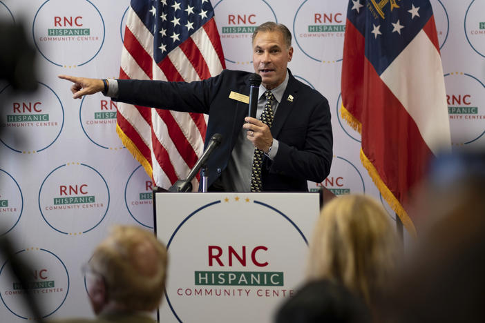Rey Martinez, a candidate for Georgia's House of Representatives, kicks off the opening of the Republican National Committee's new Hispanic Community Center in Suwanee, Ga., on June 29.