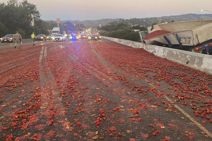 A truck hauling a load of tomatoes crashed Monday after a collision near Vacaville, Calif., and its load spilled across several lanes of Highway 80 in Northern California. Crews had cleaned the eastbound lanes but one westbound lane remained closed six hours after the crash, the CHP said.