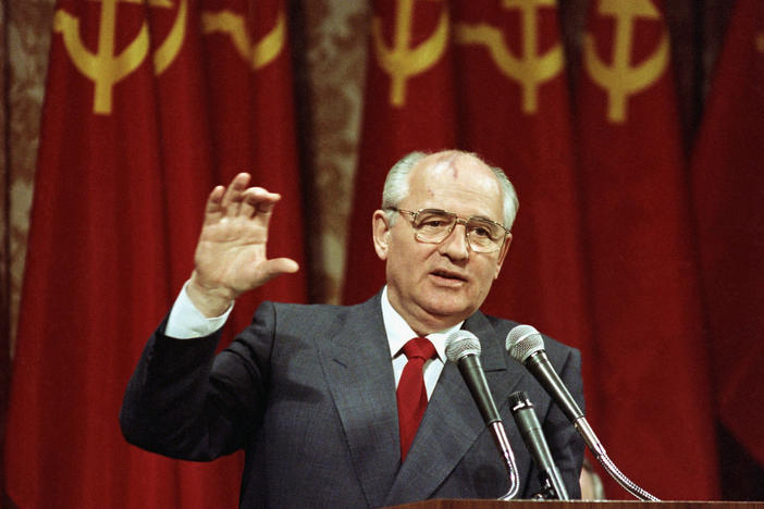 Soviet President Mikhail Gorbachev addresses a group of 150 business executives in San Francisco, June 5, 1990. Russian news agencies reported that former Soviet President Mikhail Gorbachev has died at 91, citing a statement from the Central Clinical Hospital.