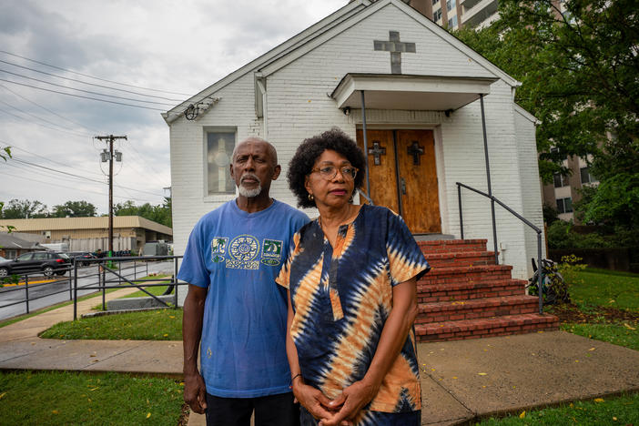 Harvey Matthews was born in the River Road community. He stands with Macedonia Baptist Church First Lady, Marsha Coleman-Adebayo, also president of the Bethesda African Cemetery Coalition. She has led the fight to preserve and prevent further desecration of the cemetery.