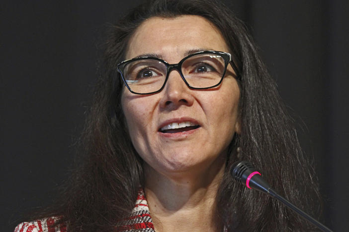 Mary Peltola, a Democrat, speaks during a forum for U.S. House candidates on May 12 in Anchorage, Alaska.