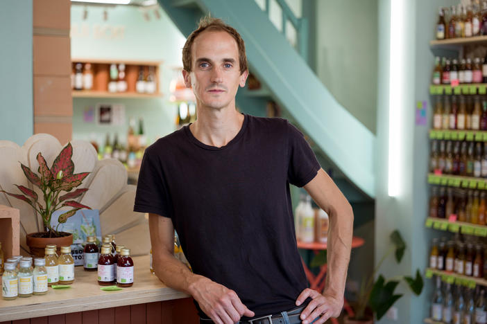 Augustin Laborde, owner of Le Paon Qui Boit, at his shop in Paris on Aug. 26.