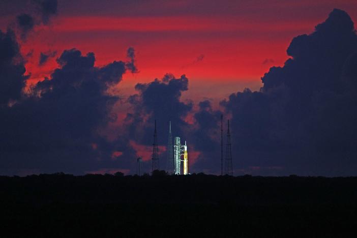 The Artemis 1 moon rocket at Launch Pad 39 at the Kennedy Space Center.