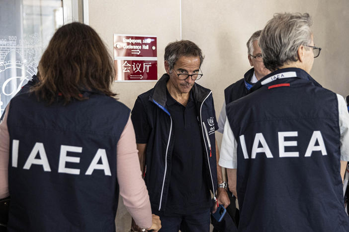 Rafael Mariano Grossi, director general of the International Atomic Energy Agency, arrives in a hotel with a delegation in Zaporizhzia, Ukraine, on Aug. 31. The delegation will travel to the Zaporizhzhia nuclear power plant amid the Russia-Ukraine war.