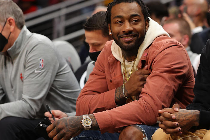 John Wall is shown on Dec. 13, 2021 in Atlanta, Georgia prior to tip-off at an NBA game.