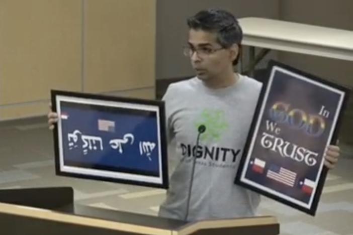 "Why is more God not good?" asked Sravan Krishna, as he sought to donate colorful "In God We Trust" signs at a school board meeting earlier this week.