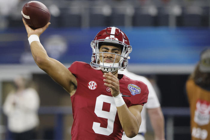 Alabama quarterback Bryce Young throws a pass against Cincinnati during the Cotton Bowl on Dec. 31, 2021, in Arlington, Texas.