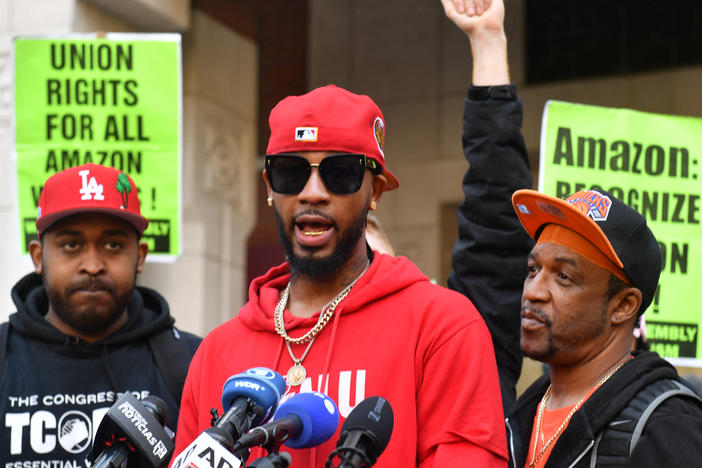 Organizer Chris Smalls speaks after his Amazon Labor Union won a vote to form the company's first unionized U.S. warehouse in Staten Island, N.Y., in April.