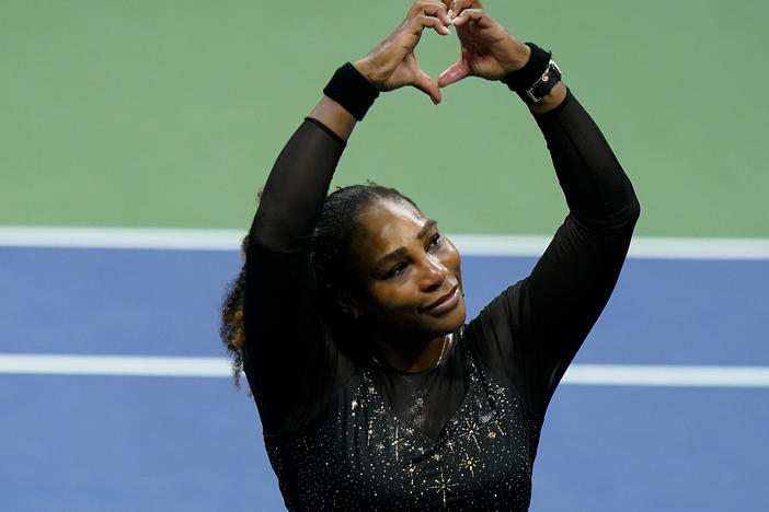 Serena Williams motions a heart to fans after losing to Australia's Ajla Tomljanovic during the third round of the U.S. Open tennis championships on Friday in New York.