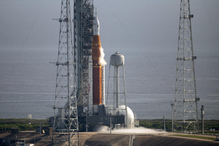 NASA's Space Launch System rocket with the Orion spacecraft aboard is seen atop the mobile launcher at the Kennedy Space Center in Cape Canaveral, Fla., on Saturday before the planned launch was scrubbed due to fuel leaks.