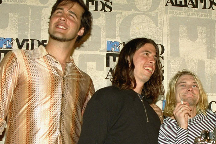 Nirvana band members Krist Novoselic (from left) Dave Grohl and Kurt Cobain pose after receiving the award for best alternative video for "In Bloom" at the MTV Video Music Awards on Sept. 2, 1993, in Universal City, Calif.