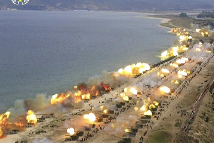 An image made from a 2017 broadcast by North Korea's KRT shows what was said to be a "Combined Fire Demonstration" in Wonsan, North Korea. North Korea is apparently moving to sell millions of rockets and artillery shells — many of them likely from old stock — to its Cold War ally Russia. Russia has called a U.S. intelligence report on the purchasing plan "fake."