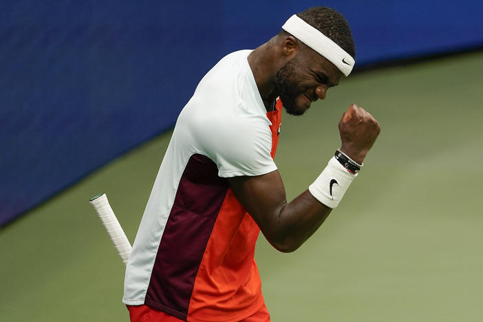 Frances Tiafoe reacts after winning a tie breaker against Andrey Rublev, of Russia, during the quarterfinals of the U.S. Open tennis championships on Wednesday in New York.