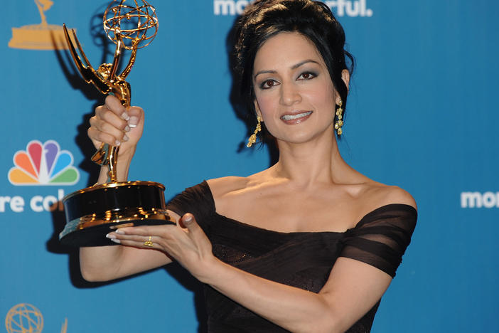 Archie Panjabi at the Emmy Awards in 2010. Panjabi, a non-Muslim actress, played a Muslim character in the 2018 British limited series <em>Next of Kin</em>, a show discussed in a new study from the USC Annenberg Inclusion Initiative.