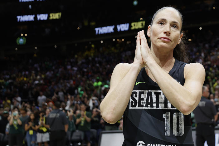 Sue Bird reacts after Tuesday's game, the last of her career, at the 2022 WNBA Playoffs semifinals in Seattle, Wash.