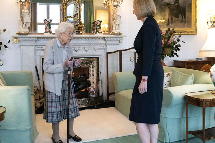 Queen Elizabeth greets leader of the Conservative party Liz Truss at Balmoral Castle on Tuesday. The queen is under medical observation after her doctors became concerned about her health.