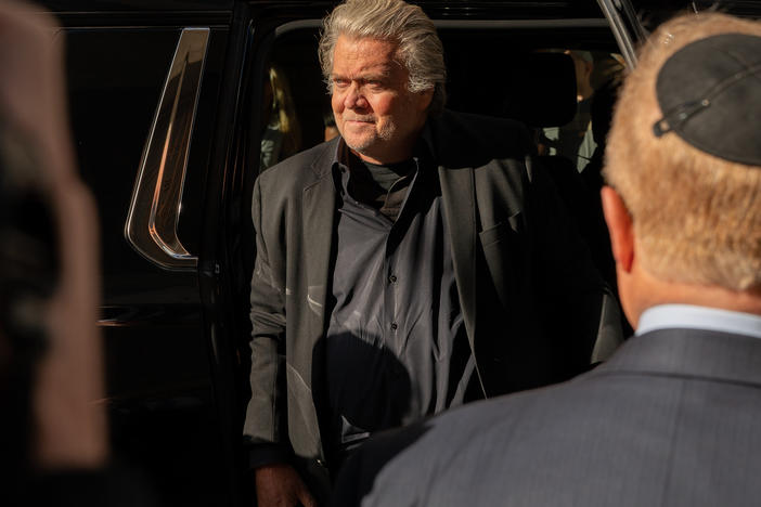 Steve Bannon, former adviser to then-President Donald Trump, arrives at the N.Y. District Attorney's Office to turn himself in on Thursday in New York City. Bannon faces a criminal indictment that mirrors the federal case for which he was pardoned by Trump.