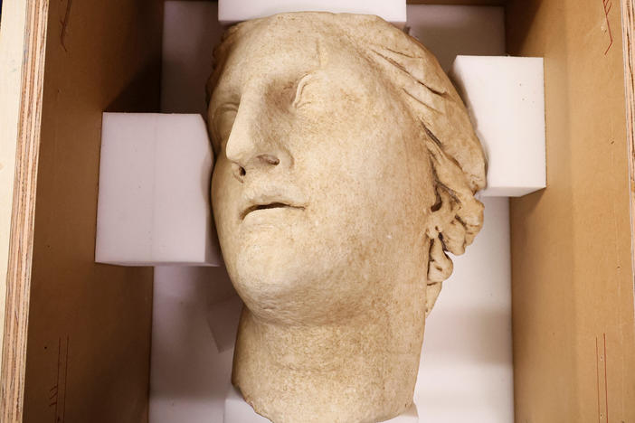 The Marble Head of Athena, from 200 B.C.E. and which was looted from a temple in central Italy, is displayed during a news conference and repatriation ceremony of stolen antiquities to Italy, in New York City.