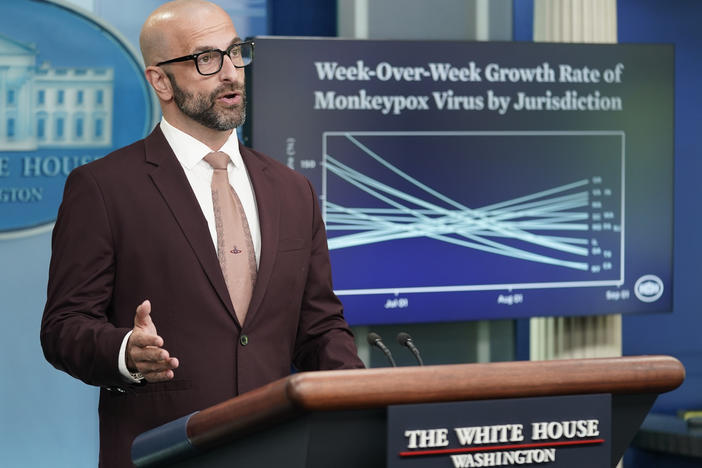 Dr. Demetre Daskalakis, White House Monkeypox response deputy coordinator, speaks during a press briefing at the White House, Wednesday, Sept. 7, 2022, in Washington.