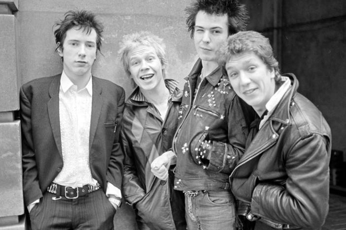 Members of the English punk band the Sex Pistols. From left: Lead singer and songwriter John Joseph Lydon a.k.a. Johnny Rotten, drummer Paul Cook, bass guitarist John Simon Ritchie a.k.a. Sid Vicious and guitarist Steve Jones.