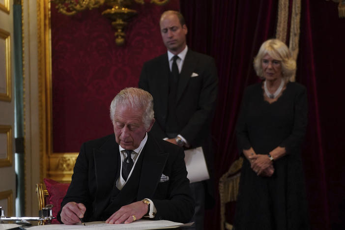 King Charles III signs an oath to uphold the security of the Church in Scotland during the Accession Council at St James's Palace, London, Saturday, Sept. 10, 2022, where King Charles III is formally proclaimed monarch.