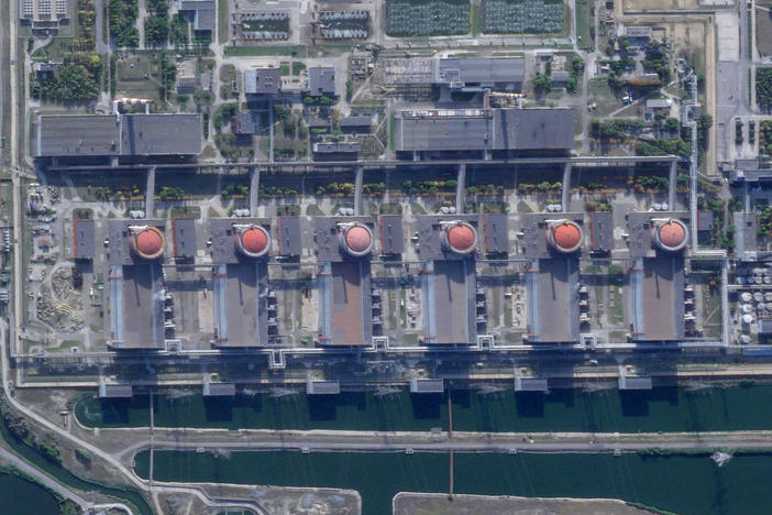 This satellite image from Planet Labs PBC shows the Zaporizhzhia nuclear power plant, which is occupied by Russian forces, in Ukraine on Aug. 28.