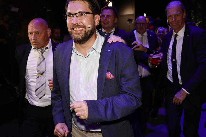 The leader of the Sweden Democrats, Jimmie Åkesson, celebrates at the party's election watch at Elite Hotel Marina Tower Tower in Nacka, near Stockholm, Sweden, early Monday, Sept. 11, 2022.