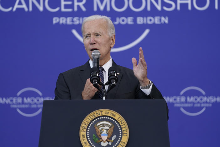 President Joe Biden speaks on the cancer moonshot initiative at the John F. Kennedy Library and Museum in Boston on Sept. 12.