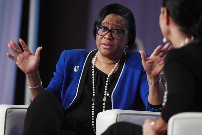 Dallas Mavericks CEO Cynt Marshall speaks at the Black Enterprise Women of Power Summit at The Mirage Hotel & Casino in 2019.