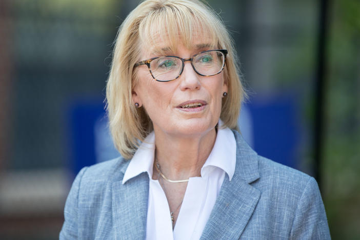 Incumbent Democratic U.S. Sen. Maggie Hassan speaks during a campaign canvas kickoff event on Saturday in Dover, N.H. Hassan is running for reelection and her Republican opponent will be chosen in the upcoming GOP primary.