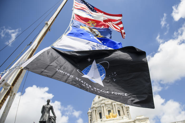A United States Space Force flag flies along with flags of other armed service branches. The Space Force announced on Friday that the University of Puerto Rico at Mayagüez has joined its University Partnership Program.