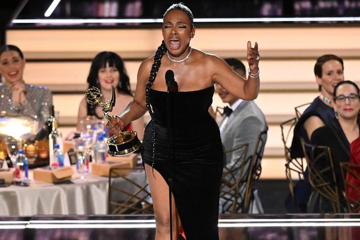 Sheryl Lee Ralph sings as she accepts the award for Outstanding Supporting Actress In A Comedy Series for "Abbott Elementary" onstage during the 74th Emmy Awards at the Microsoft Theater in Los Angeles, California, on September 12, 2022.
