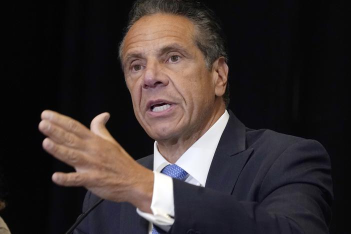 Then-New York Gov. Andrew Cuomo speaks during a news conference at New York's Yankee Stadium on July 26, 2021. Cuomo sued Attorney General Letitia James on Thursday, arguing that James violated state law by denying him public assistance for his defense in a sexual harassment claim.