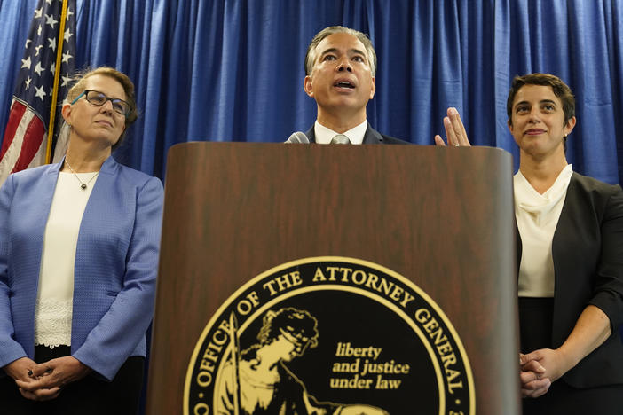 California Attorney General Rob Bonta announces a lawsuit against Amazon in San Francisco on Wednesday.