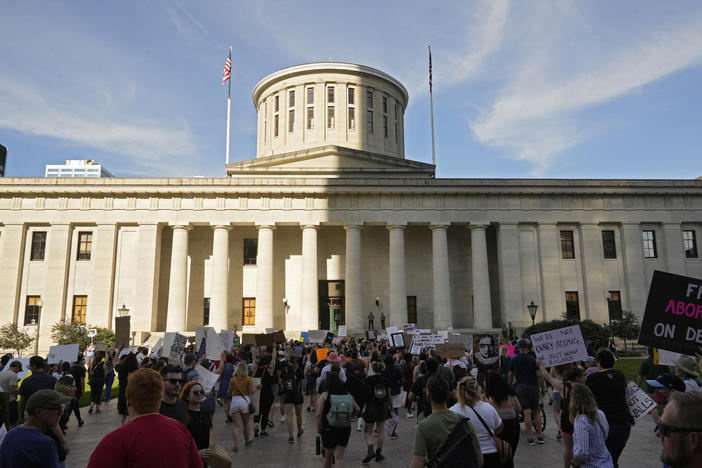 Protesters rally at the Ohio Statehouse in Columbus in support of abortion rights after the U.S. Supreme Court overturned Roe vs. Wade on June 24, 2022. A judge temporarily blocked Ohio's ban on virtually all abortions on Wednesday, again pausing a law that took effect after federal abortion protections were overturned by the Supreme Court in June.