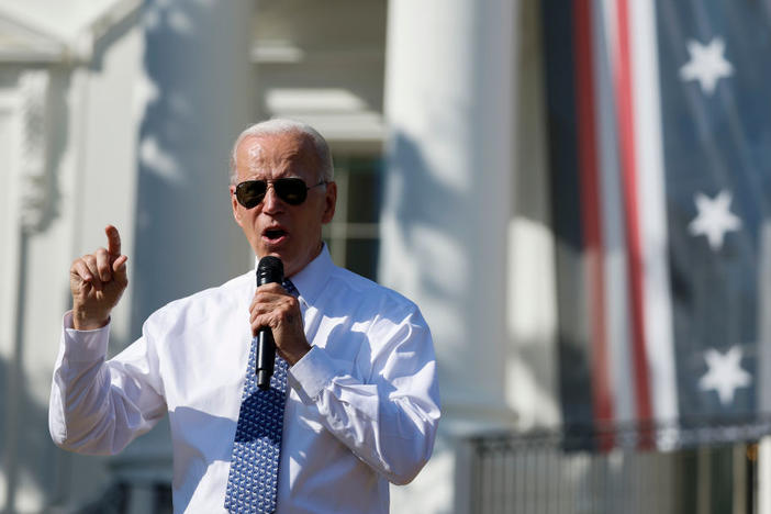 President Biden speaks during an event Tuesday celebrating the passage of the Inflation Reduction Act on the South Lawn of the White House. The new law gives Medicare the power to negotiate drug prices.