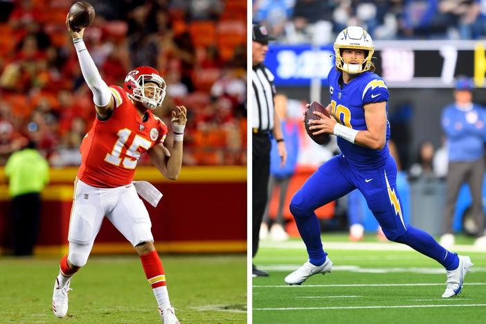 Left: Quarterback Patrick Mahomes of the Kansas City Chiefs passes during a 2017 game. Right: Los Angeles Chargers quarterback Justin Herbert looks to pass in a game last year.